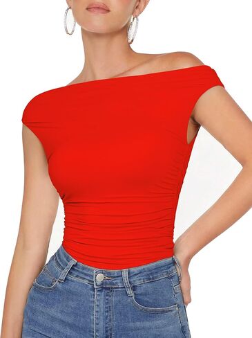 MOOSLOVER Women Off The Shoulder Tops Double Lined Fitted T Shirts Y2K Going Out Crop Tops in Saudi Arabia