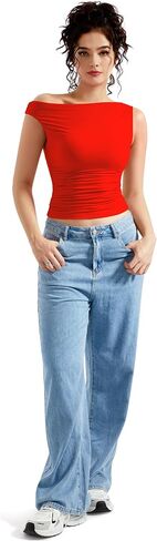 MOOSLOVER Women Off The Shoulder Tops Double Lined Fitted T Shirts Y2K Going Out Crop Tops in Saudi Arabia