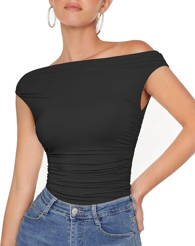 MOOSLOVER Women Off The Shoulder Tops Double Lined Fitted T Shirts Y2K Going Out Crop Tops in Kuwait