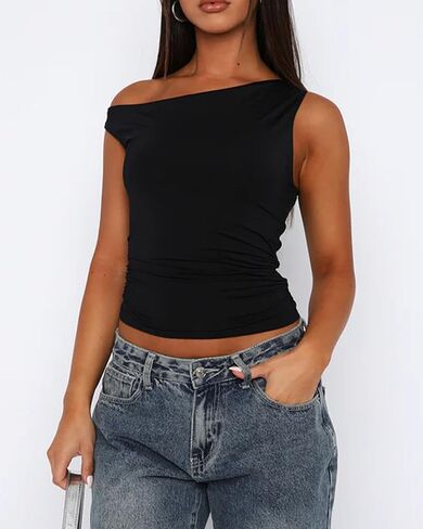 MOOSLOVER Women Off The Shoulder Tops Double Lined Fitted T Shirts Y2K Going Out Crop Tops in Kuwait