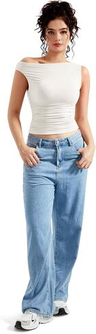 MOOSLOVER Women Off The Shoulder Tops Double Lined Fitted T Shirts Y2K Going Out Crop Tops in Saudi Arabia