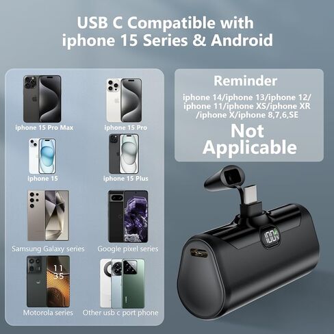 شاحن محمول صغير الحجم لهاتف iPhone 15,5000mAh 20W PD USB C للشحن السريع، شاشة LCD، حزمة بطارية صغيرة متوافقة مع iPhone 15/15 plus/15 pro/15 pro Max، Samsung S23/24 Series إلخ in Kuwait