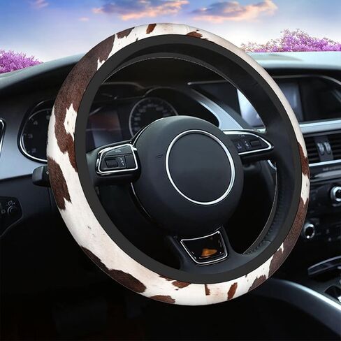 Swono Cow Skin Universal Neoprene Steering Wheel Cover Australian Cow Skin Brown 15 Inch Steering Wheel Covers, Printed Steering Wheel Elastic Protection for Women and Girls in Saudi Arabia