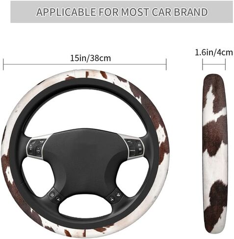 Swono Cow Skin Universal Neoprene Steering Wheel Cover Australian Cow Skin Brown 15 Inch Steering Wheel Covers, Printed Steering Wheel Elastic Protection for Women and Girls in Saudi Arabia