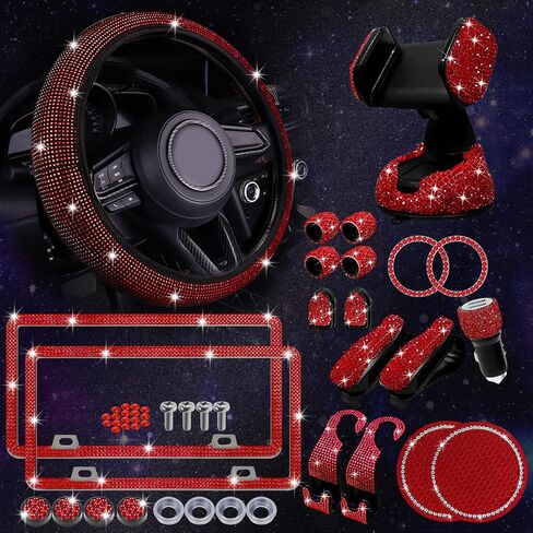 Yixin 19 قطعة من إكسسوارات السيارة اللامعة للنساء، مجموعة إكسسوارات السيارة اللامعة، أغطية عجلة القيادة اللامعة، إطار لوحة الترخيص اللامع، حامل السيارة الكريستالي اللامع، شاحن السيارة اللامع (وردي - 19 قطعة)... in Kuwait