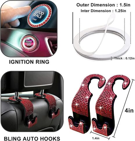 Yixin 19 قطعة من إكسسوارات السيارة اللامعة للنساء، مجموعة إكسسوارات السيارة اللامعة، أغطية عجلة القيادة اللامعة، إطار لوحة الترخيص اللامع، حامل السيارة الكريستالي اللامع، شاحن السيارة اللامع (وردي - 19 قطعة)... in Kuwait