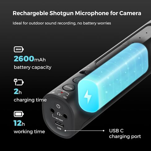 ميكروفون شوتجن للكاميرا مع حامل حذاء بارد، ميكروفون كاميرا احترافي مع 8 ميكروفونات لإلغاء الضوضاء/3 أنماط قطبية/تحكم في مستوى الصوت/بطارية 12 ساعة/شاشة صوت، ميكروفون بودكاست لكاميرات DSLR والكمبيوتر الشخصي in Kuwait