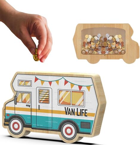 RV Camper Coin Money Bank, Camper Trailer Wooden Piggy Bank with Transparent Window, Coin Bank Fun Rv Gifts for Birthday, Christmas, Festival, Baby Shower,Home, Rv Deco in Saudi Arabia