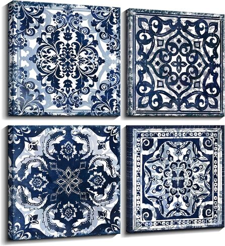 Bedroom Decor Canvas Wall Art Flower Pattern Prints Bathroom Abstract Pictures Modern Navy Framed Wall Decor Artwork for Walls Hang for Bedroom 4 Pieces Wall Decoration Size 14x14 Each Panel in Saudi Arabia