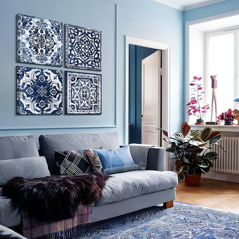 Bedroom Decor Canvas Wall Art Flower Pattern Prints Bathroom Abstract Pictures Modern Navy Framed Wall Decor Artwork for Walls Hang for Bedroom 4 Pieces Wall Decoration Size 14x14 Each Panel in Saudi Arabia