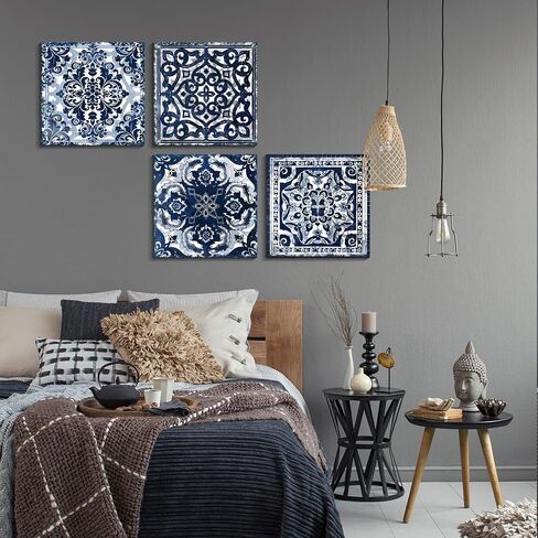 Bedroom Decor Canvas Wall Art Flower Pattern Prints Bathroom Abstract Pictures Modern Navy Framed Wall Decor Artwork for Walls Hang for Bedroom 4 Pieces Wall Decoration Size 14x14 Each Panel in Saudi Arabia