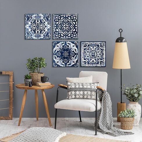 Bedroom Decor Canvas Wall Art Flower Pattern Prints Bathroom Abstract Pictures Modern Navy Framed Wall Decor Artwork for Walls Hang for Bedroom 4 Pieces Wall Decoration Size 14x14 Each Panel in Saudi Arabia