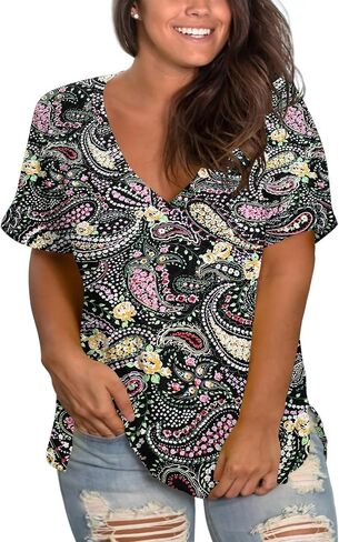 Plus-Size Tops for Women Short Sleeve Eyelet Shirts V Neck Side Split Tunics XL-5XL in Saudi Arabia