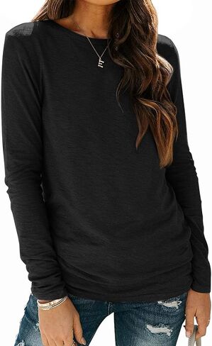 ATHMILE إمرأة كم طويل رقبة مستديرة قمصان الأساسية المحملة رداء علوي غير رسمي الخريف العصرية تونك وتتسابق المجهزة تي شيرت in Kuwait