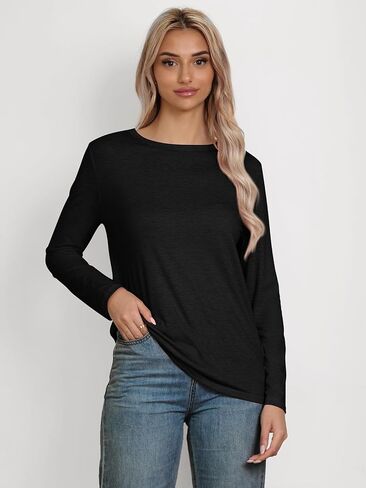 ATHMILE إمرأة كم طويل رقبة مستديرة قمصان الأساسية المحملة رداء علوي غير رسمي الخريف العصرية تونك وتتسابق المجهزة تي شيرت in Kuwait