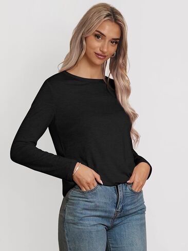 ATHMILE إمرأة كم طويل رقبة مستديرة قمصان الأساسية المحملة رداء علوي غير رسمي الخريف العصرية تونك وتتسابق المجهزة تي شيرت in Kuwait