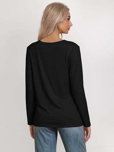 ATHMILE إمرأة كم طويل رقبة مستديرة قمصان الأساسية المحملة رداء علوي غير رسمي الخريف العصرية تونك وتتسابق المجهزة تي شيرت in Kuwait