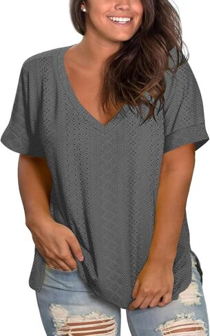 Plus-Size Tops for Women Short Sleeve Eyelet Shirts V Neck Side Split Tunics XL-5XL in Saudi Arabia