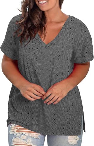 Plus-Size Tops for Women Short Sleeve Eyelet Shirts V Neck Side Split Tunics XL-5XL in Saudi Arabia