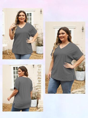 Plus-Size Tops for Women Short Sleeve Eyelet Shirts V Neck Side Split Tunics XL-5XL in Saudi Arabia