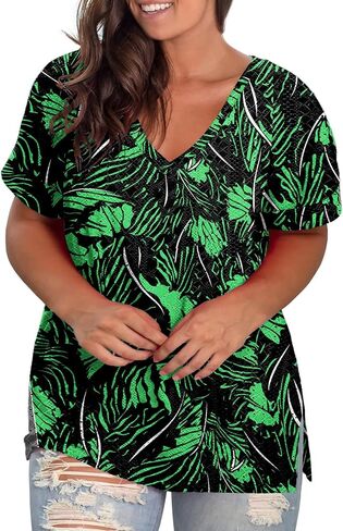 Plus-Size Tops for Women Short Sleeve Eyelet Shirts V Neck Side Split Tunics XL-5XL in Saudi Arabia