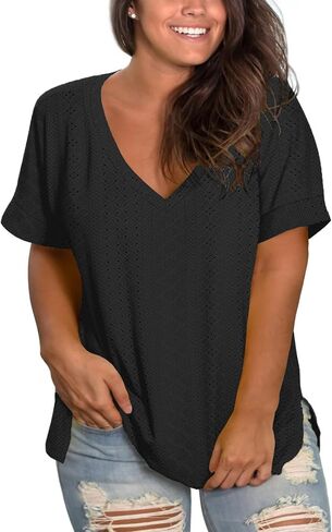 Plus-Size Tops for Women Short Sleeve Eyelet Shirts V Neck Side Split Tunics XL-5XL in Saudi Arabia