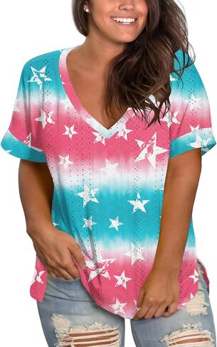 Plus-Size Tops for Women Short Sleeve Eyelet Shirts V Neck Side Split Tunics XL-5XL in Kuwait