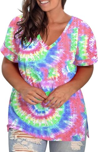 Plus-Size Tops for Women Short Sleeve Eyelet Shirts V Neck Side Split Tunics XL-5XL in Kuwait