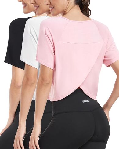 Donnalla 3 Pack Workout Tops for Women Loose Basic Cropped Tops Short Sleeve Split Back Yoga Shirts Running Gym Athletic in Saudi Arabia