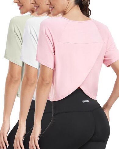 Donnalla 3 Pack Workout Tops for Women Loose Basic Cropped Tops Short Sleeve Split Back Yoga Shirts Running Gym Athletic in Kuwait