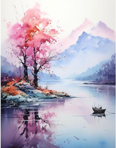 Didfig Easy Paint by Numbers Kit for Adults Beginner Simple DIY Color Paint by Numbers Kit for Adults Kids Lakeside Pink Tree Crafts Art Suitable for Gift for Home Wall Decor 16x20 Inch in Saudi Arabia