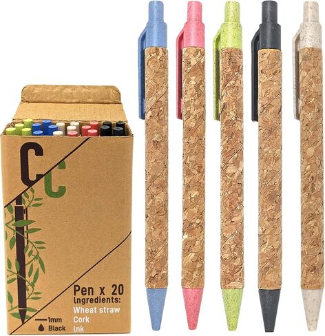 (Pack of 20 Cork & Recycled Wheat Straw Retractable Ballpoint Pens with Natural Comfortable Grip (Black Ink) in Saudi Arabia
