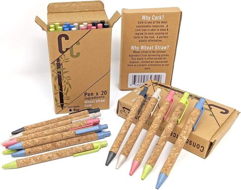 (Pack of 20 Cork & Recycled Wheat Straw Retractable Ballpoint Pens with Natural Comfortable Grip (Black Ink) in Saudi Arabia