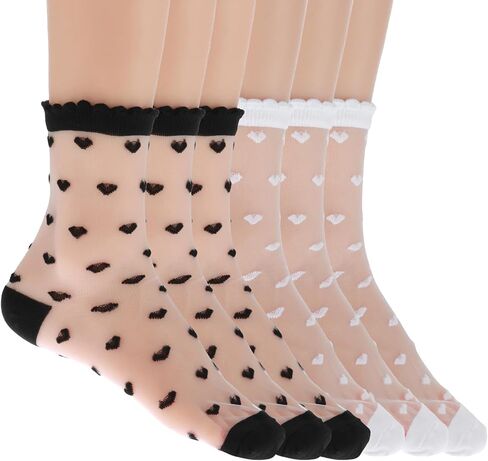 6 Pairs Sheer Ankle Socks Women Lace Heart Ruffle Socks Summer Ultra Thin Transparent Socks See Through Frilly Socks Clear Tulle Mesh Socks for Woman Fashion in Saudi Arabia