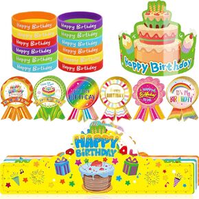 ceiba tree Happy Birthday Kits for Kids Classroom 36 Set Birthday Crowns Silicone Stretch Bracelets Birthday Badge Stickers School Teachers Students Kindergarten Party Supplies 108Pcs