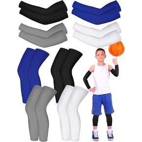 8 Pairs Kids Arm Sleeves and Basketball Leg Sleeves Set Non Slip Long Compression Leg Sleeves for Boys Girls Youth