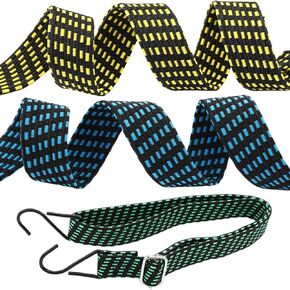 40 Inch Adjustable Flat Bungee Cord Flat Bungee Strap with Adjustable Length Metal Buckle and Hook for Camping Cargo Hand Carts (3 Pcs, Black Mainly)
