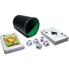 Artist Unknown Poker Dice Cup Leather Cubilete with Premium Spanish Naipes and Poker Playing Cards Deck Casino Game Bundle