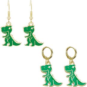 2 Pairs Funny Cute Dinosaur Dangle Earrings Green Dinosaur Lovely Animal Charm Drop Earring for Women Girls Dainty Jewelry Gifts