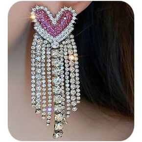 Full Pink Rhinestone Heart Long Chain Dangle Drop Earrings Heart Rhinestone Long Fringe Chandelier Earrings Tassel Rhinesotne Heart Dangle Earrings for Girls