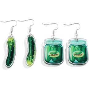 2 Pairs Acrylic Dill Pickle Cucumber Green Food Vegetable Drop Dangle Earrings for Women Girls Jewelry
