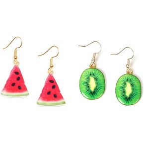 2 Pairs Funny Fruit Earrings Cute Kiwi Watermelon Candy Dangle Drop Earrings for Women Girls (Watermelon + Kiwi)