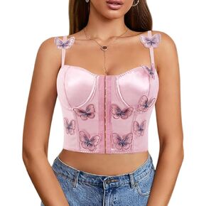 jascaela Women's Satin Butterfly Corset Top Sexy Sleeveless Busiter Crop Top Rave Party Tank Tops