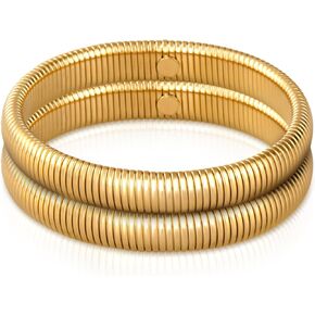 Gold Bangle Bracelets for Women Chunky Stretch Bracelet Set Stackable Bangles 14K Gold Plated Stainless Steel 10mm 16mm 20mm
