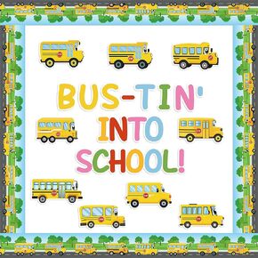 104Pcs Back to School Bulletin Board Decoration School Bus Cutouts Set School Bus Name Tag First Day of School Decoration Creative Wall Decals Welcome to School Decor for Classroom Window Door