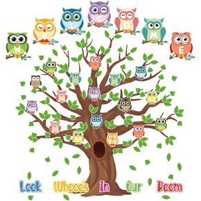 Tatuo 125 Pcs Classroom Tree Bulletin Board Set 47 x 46 Inch Tree Background Owl Leaves Dot Bulletin Board Cutouts for Elementary School Teacher Chalkboard Supplies(Owl)