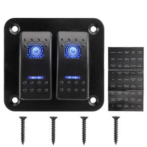 Amarine Made 12-24V Boat Switch Panel Illuminated Rocker Switch Aluminum Pre-wired Panel 2,3,4,5,6,8 Gang Toggle Switches Dash 5 Pin ON/Off 2 LED Backlit for Bus Boat Car Marine Blue LED IP65 (2 Gang)