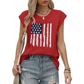 Alsol Lamesa Women’s American Flag Graphic Cap Sleeve Vest Pullover Sweater Knit Crew Neck Tank Top 2024