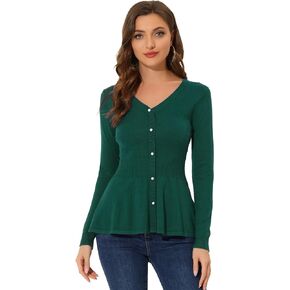 Allegra K Knitted Peplum Top for Women's Ribbed Pullover V Neck Long Sleeve Blouse