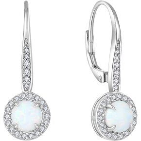 Opal Dangle Drop Earrings for Women 925 Sterling Silver Round Opal Leverback Earrings Gemstone Jewelry for Women White/Blue/Pink/Green